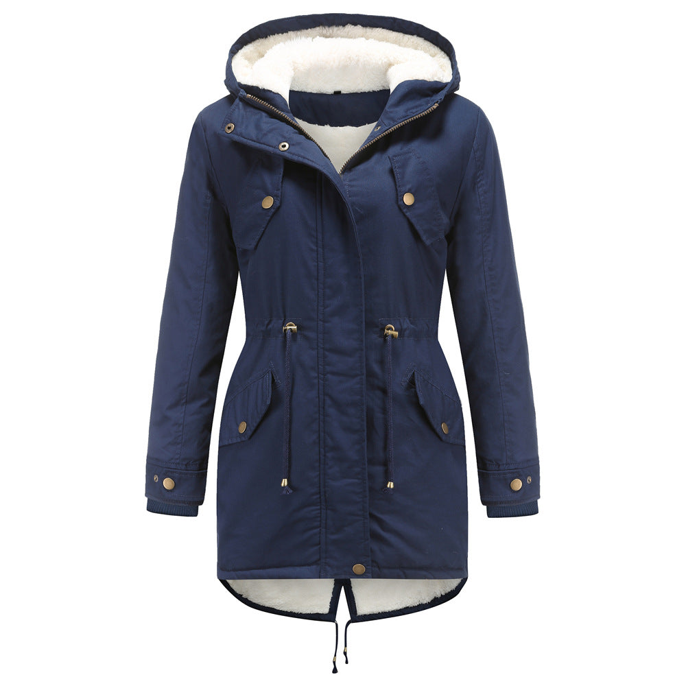 Size Autumn Winter New Women Cotton-Padded Coat Women Solid Color Hooded Drawstring Cinched Thickening Cotton-Padded Coat Velvet Cotton Clothes
