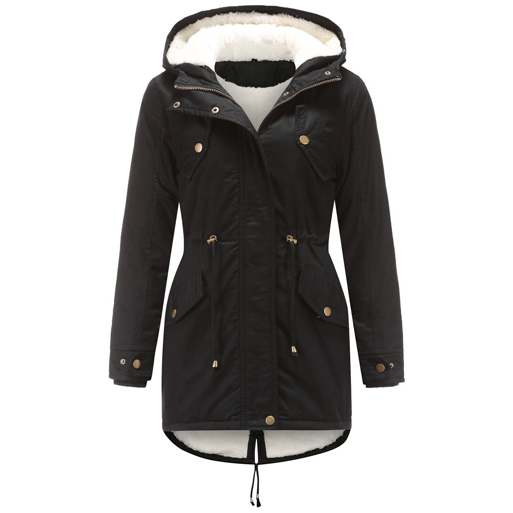 Size Autumn Winter New Women Cotton-Padded Coat Women Solid Color Hooded Drawstring Cinched Thickening Cotton-Padded Coat Velvet Cotton Clothes