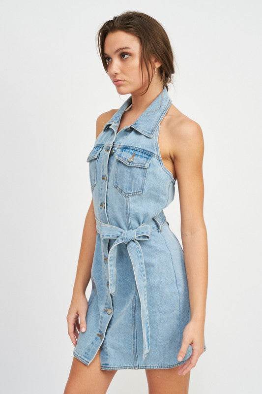 BUTTON DOWN DENIM MINI DRESS WITH BELT