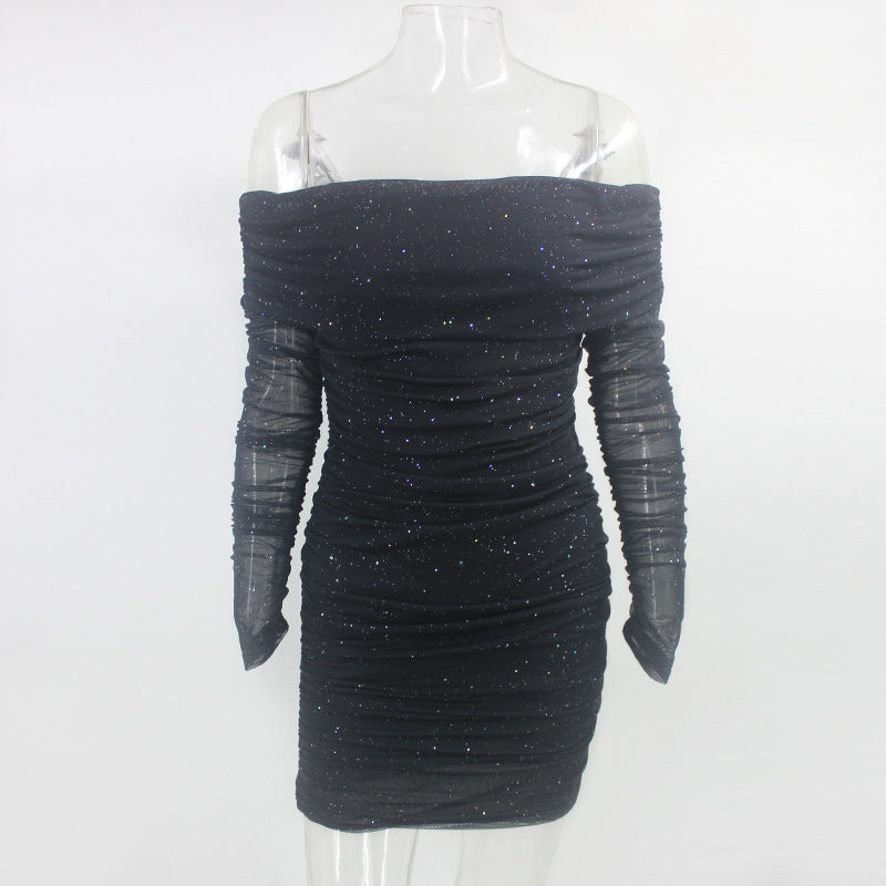 Women Sexy off-Shoulder Ruffle Hip Evening Dress Short Dress Summer