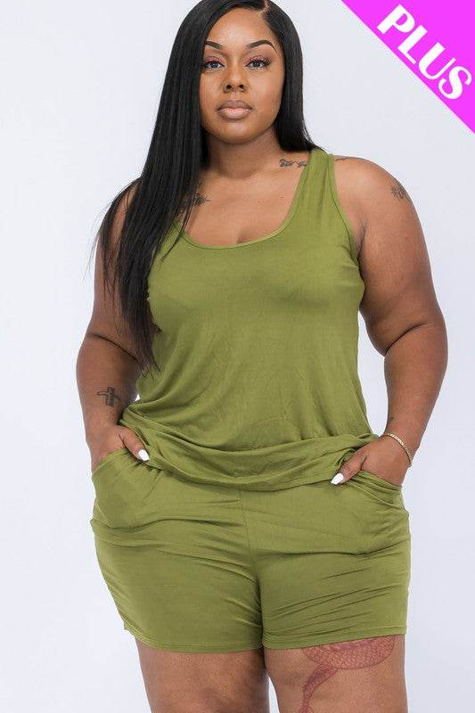 Plus Solid Comfy Tank Top & Shorts Set