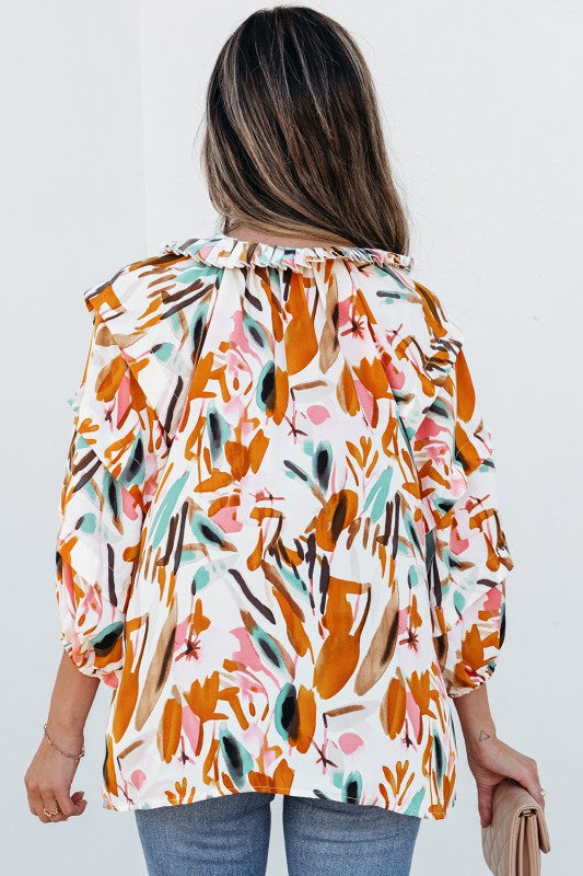 Aurelia Drawstring Frilled V Neck 3/4 Sleeve Blous