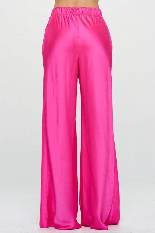 Stretch Satin Pants w/ Elastic Waist and Pockets