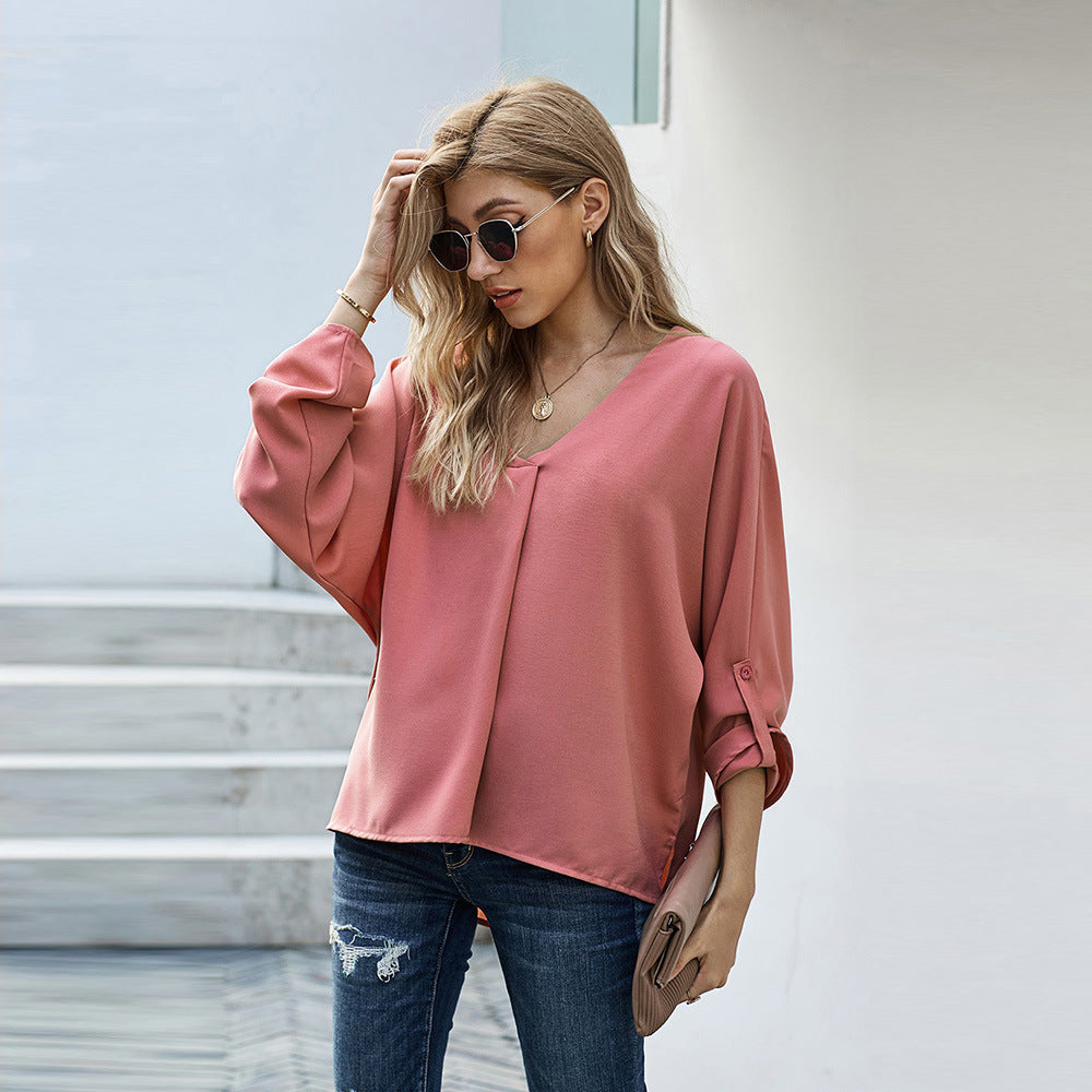 Solid Color Loose Pullover Shirt Women Autumn Three Quarter Sleeve Top