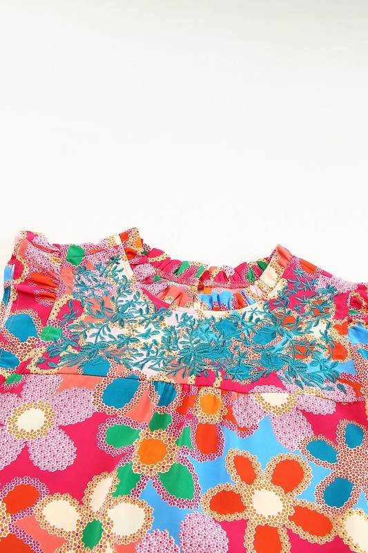 Embroidered Detail Floral Print RuffleTank Top