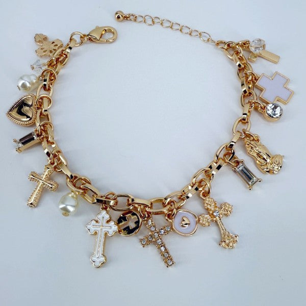 Chain Bracelet Cross, Hearts, Charms
