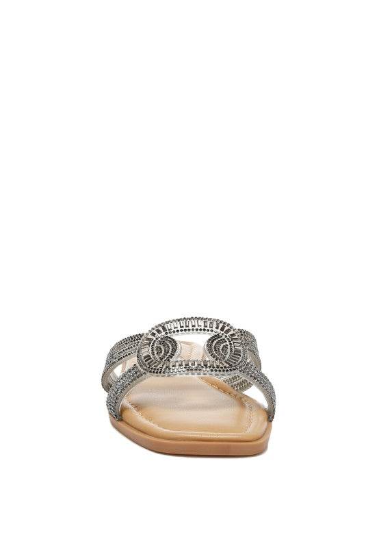 Minople Rhinestones Embellished Flat Sandals