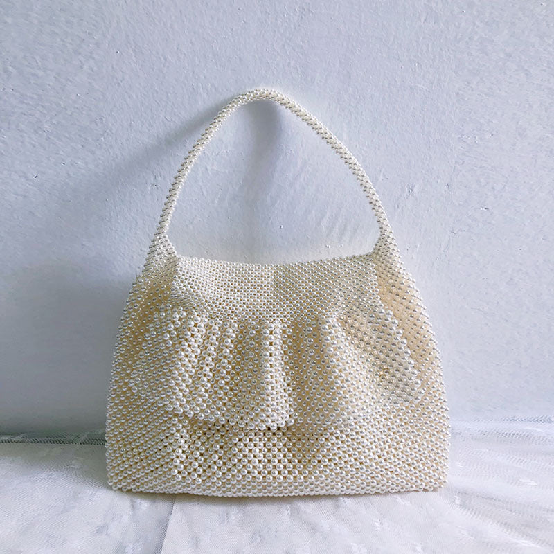 Handmade Beaded Bag Casual Women One Shoulder Dumpling Bag Simple Imitation Pearl Handbag
