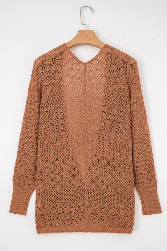 Solid Hollow Knit Open-Front Cardigan