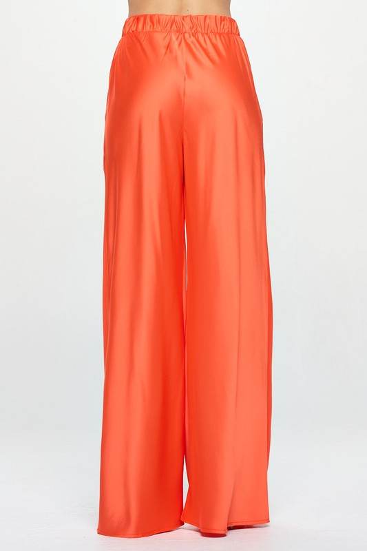 Stretch Satin Pants w/ Elastic Waist and Pockets