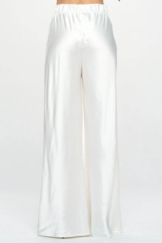 Stretch Satin Pants w/ Elastic Waist and Pockets