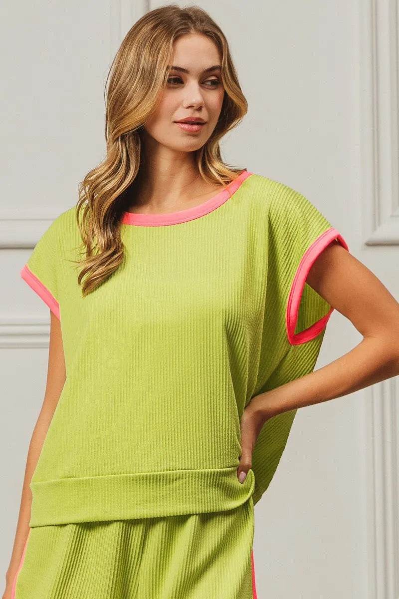BiBi Cord Rib Knit Contrast Banded Top