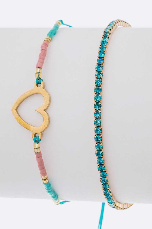 Heart Charm Rhinestone 2 In 1 Bracelet Set