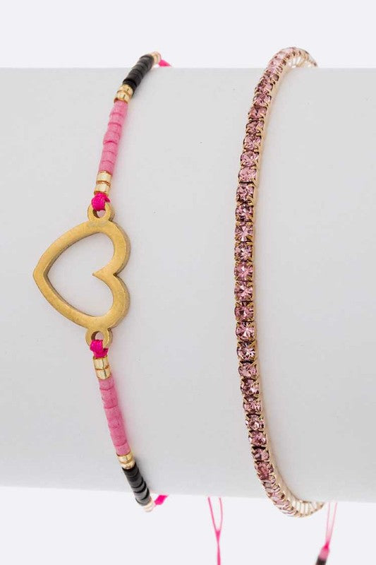 Heart Charm Rhinestone 2 In 1 Bracelet Set