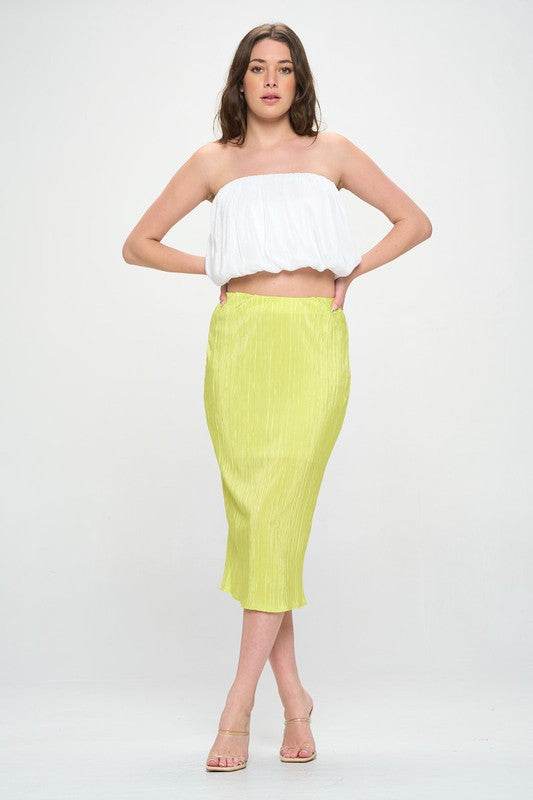 Solid Plisse Midi Skirt with Elastic Waistband
