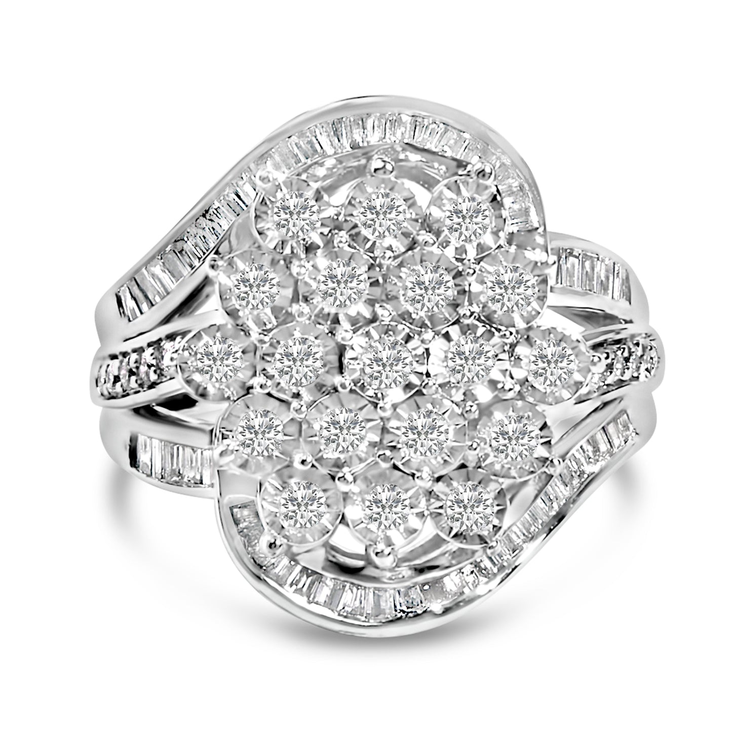 Sterling Silver 1.0 Cttw Diamond Swirl Cluster Cocktail Ring