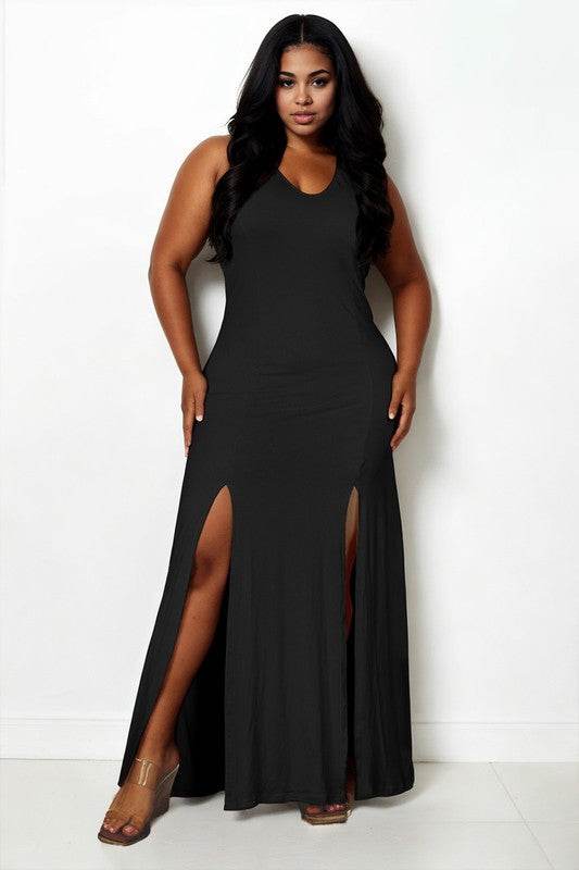Plus Size Plunge Neck Thigh Split Maxi Dress