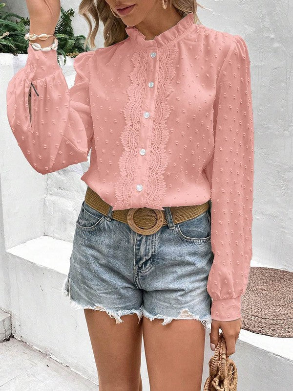 Swiss Dot Lace Frill Neck Top