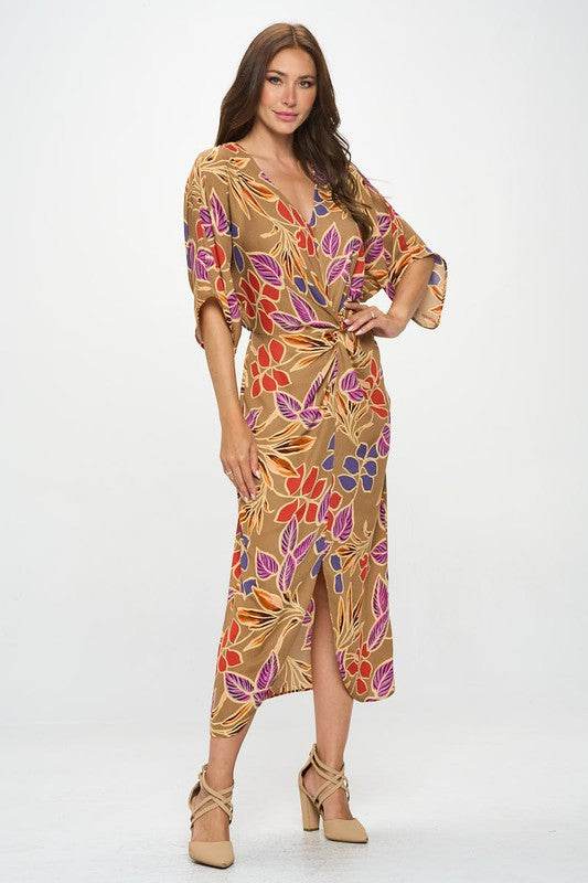 Leaf Print Kimono Dress with Front Twist