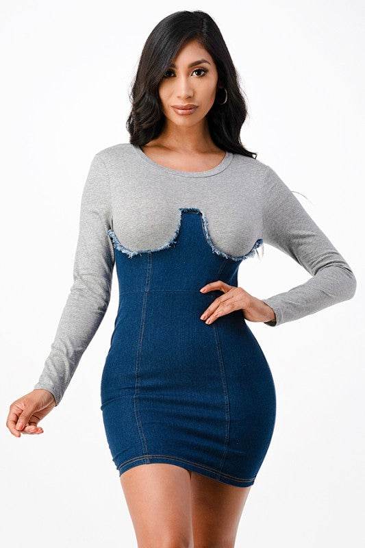 Long sleeve Denim dress with rib fabric 25987
