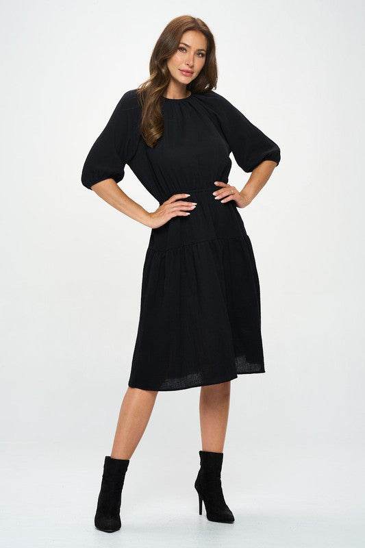 Made in USA Cotton 3/4 Sleeve Tiered Midi Dress