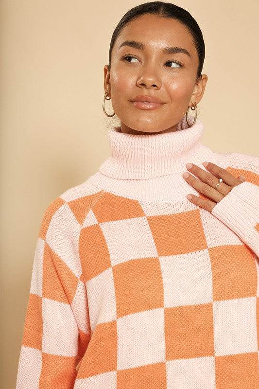 Checkered turtleneck sweater dress