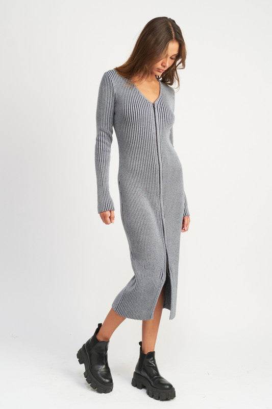 V-Neck Midi Dress w/ Two-Way Zipper