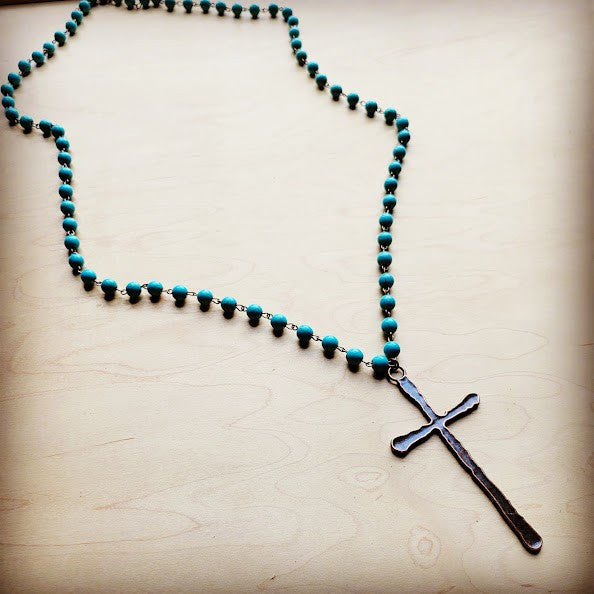 Turq Beaded  with Antique Copper Cross 255r