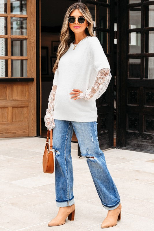 Samantha Lace Sleeve Two-piece Fuzzy Sweater