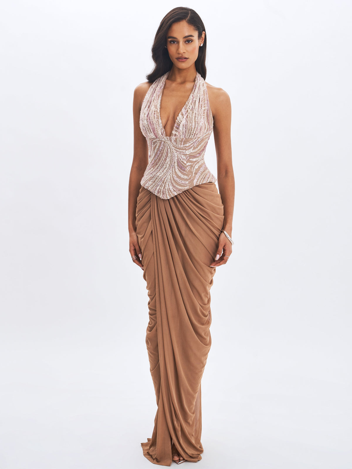 Nancie Apricot Beaded Halter Peplum Ruched Maxi Dress