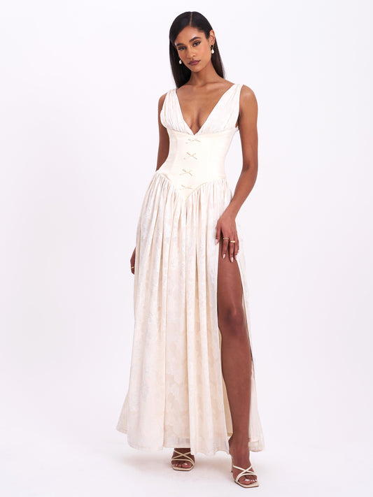 Sabrina Butter Yellow High Slit Jacquard Maxi Dress