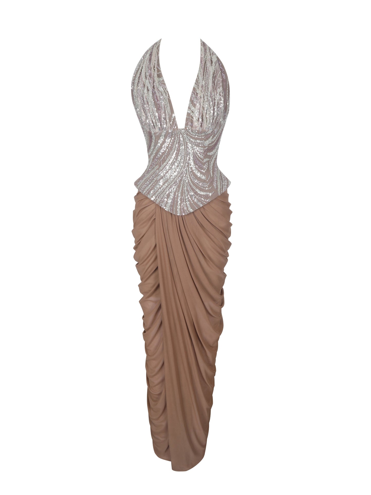 Nancie Apricot Beaded Halter Peplum Ruched Maxi Dress
