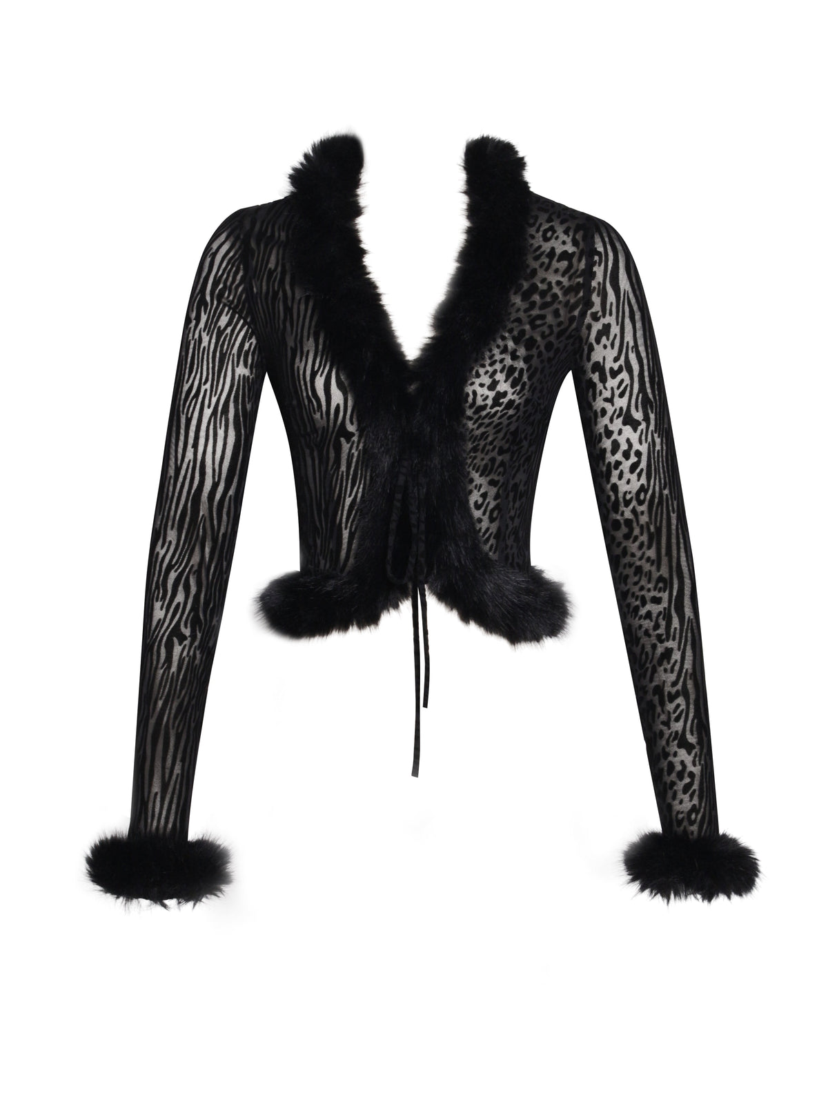 Hali Black Animal Print Burnout Velvet Fur Trim Top