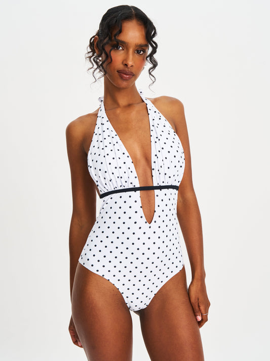 Olive White Base Polka Dot Ruched Halter Backless Swimsuit