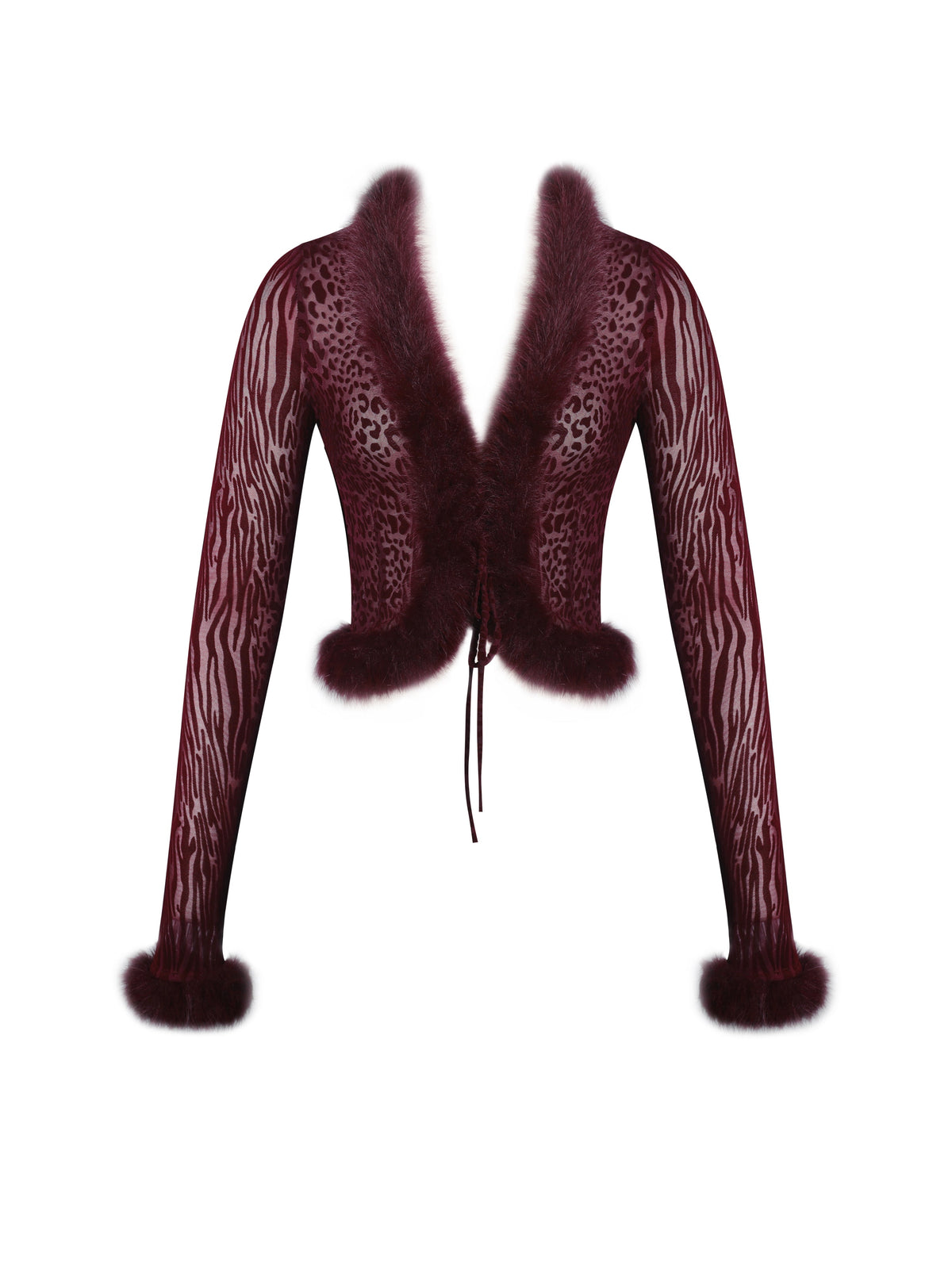 Hali Burgundy Animal Print Burnout Velvet Fur Trim Top