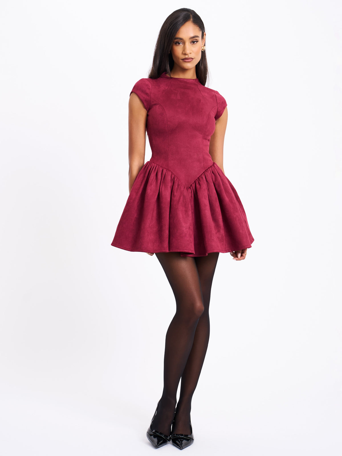 BBC Jacqueline Backless Burgundy Mini Puffy Suede Dress