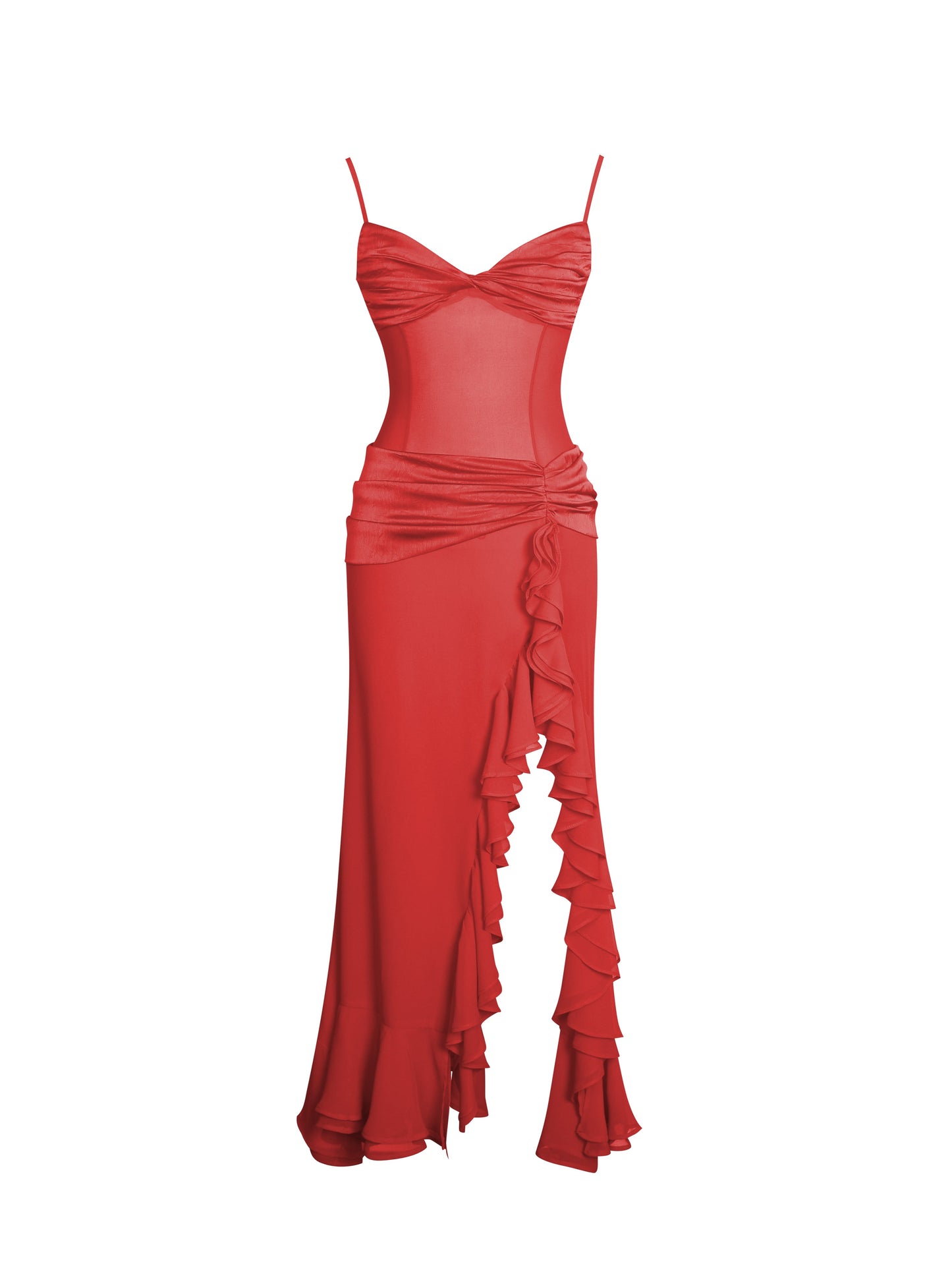 Dahlina Red Ruched Waist High Slit Midi Dress
