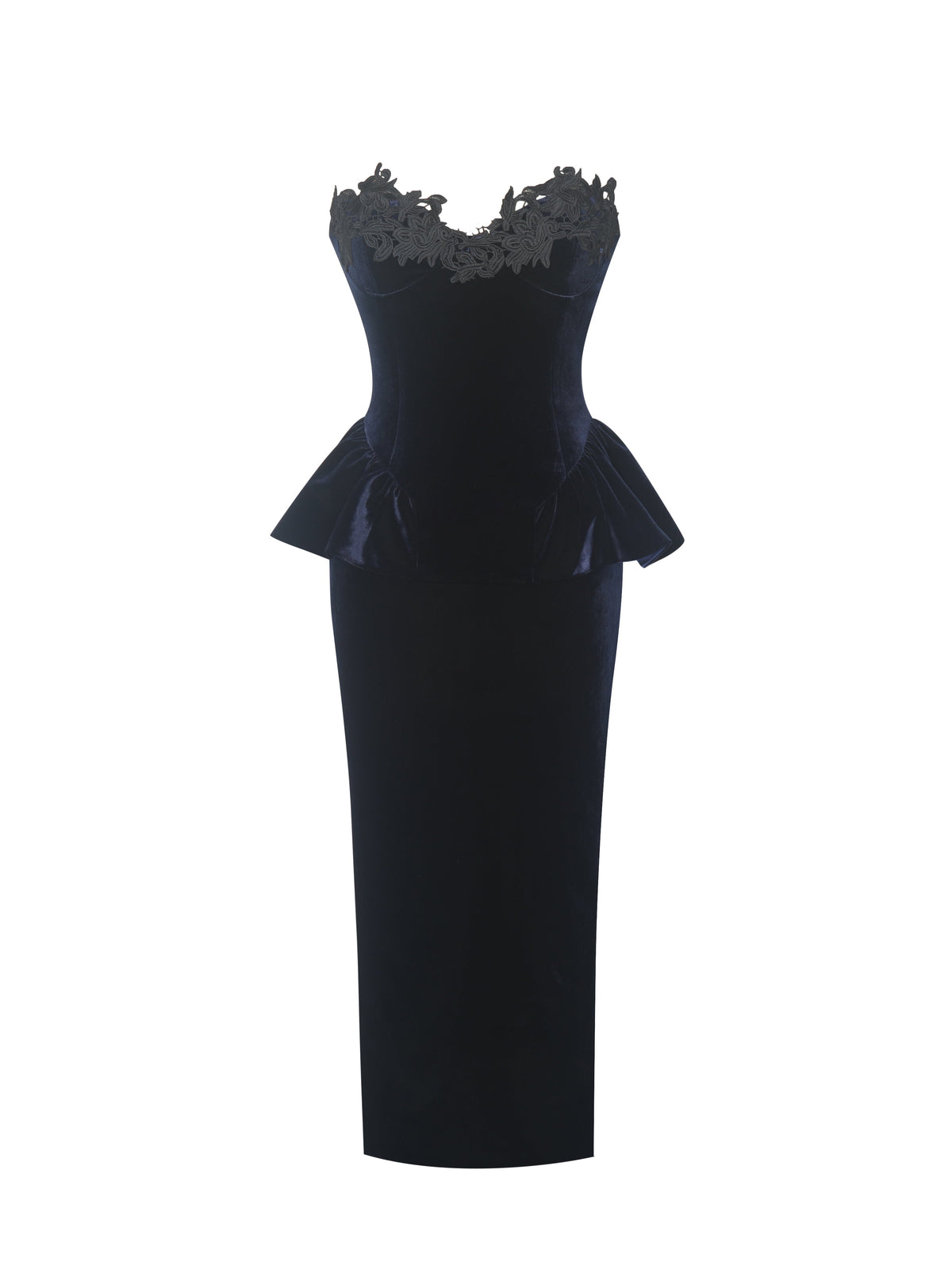 Pascha Black Lace Appliqué Strapless Peplum Midi Dress