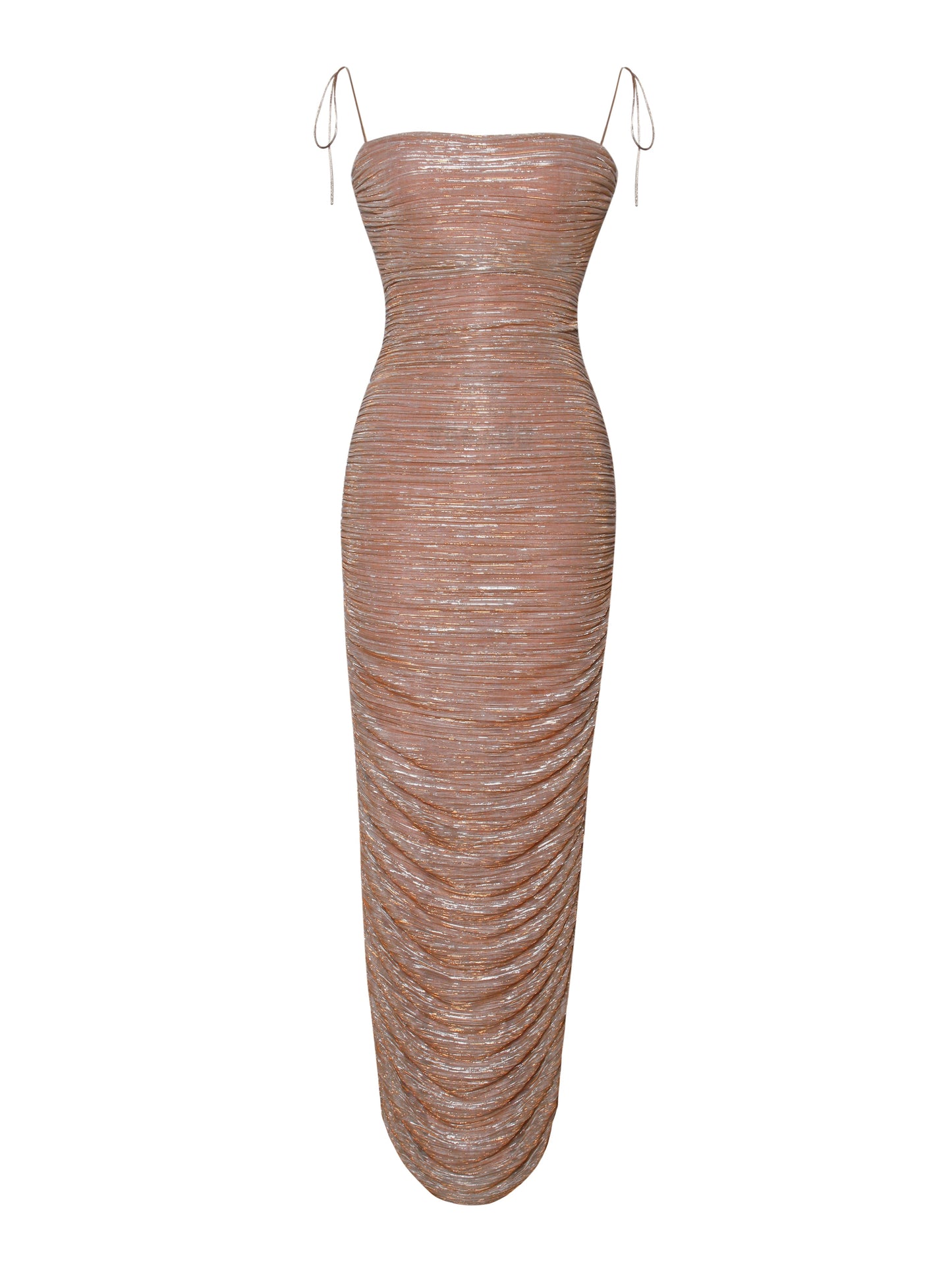 The Glint Rose Gold Ruched Chiffon Long Maxi Dress