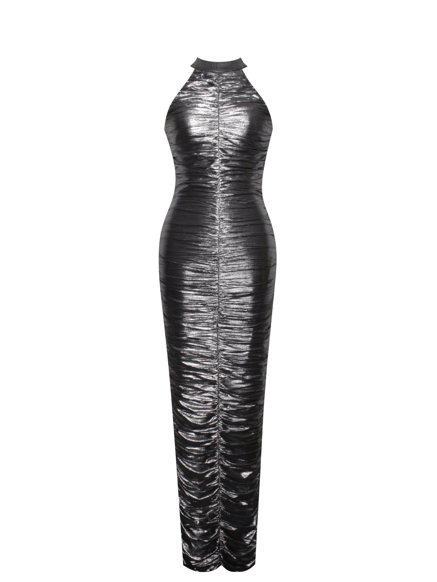 Abril Ruched Silver Glitter Backless Gown