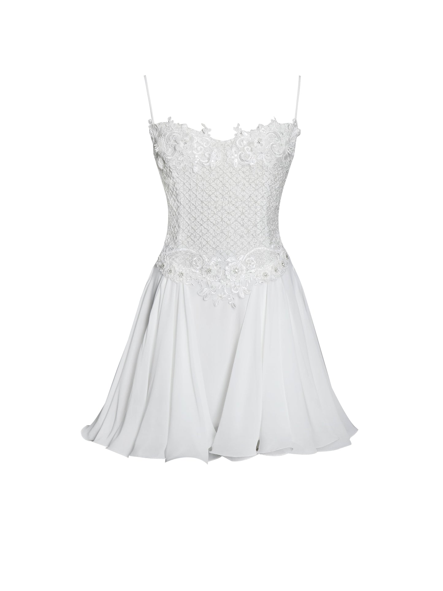 Fabiola Lace Trim Silver Net Top Mini Flare Chiffon Dress