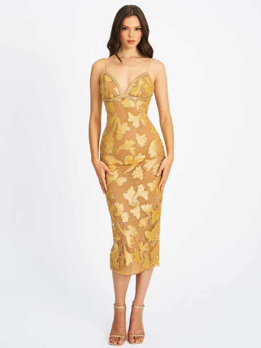Edie Gold Beaded Sequin Midi Pencil Dress
