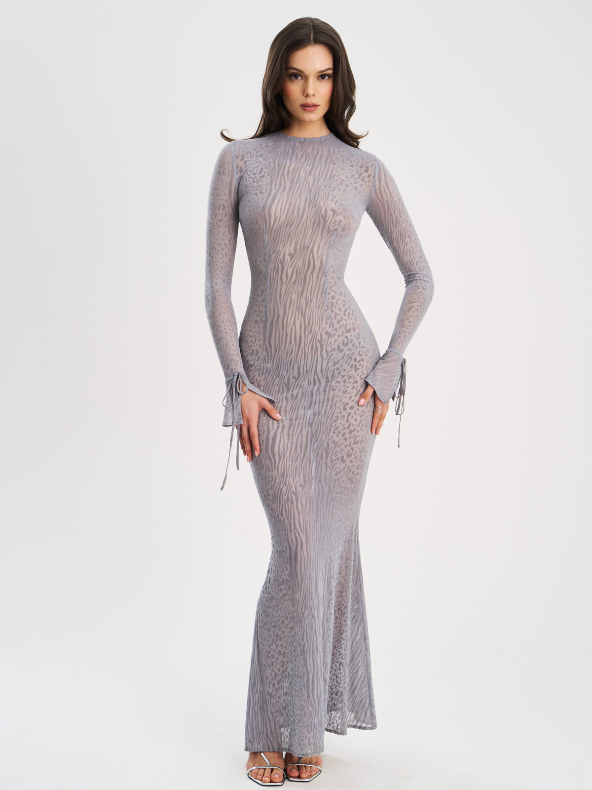 Waylynn Gray Animal Print Burnout Velvet Detail Mesh Backless Maxi Dress
