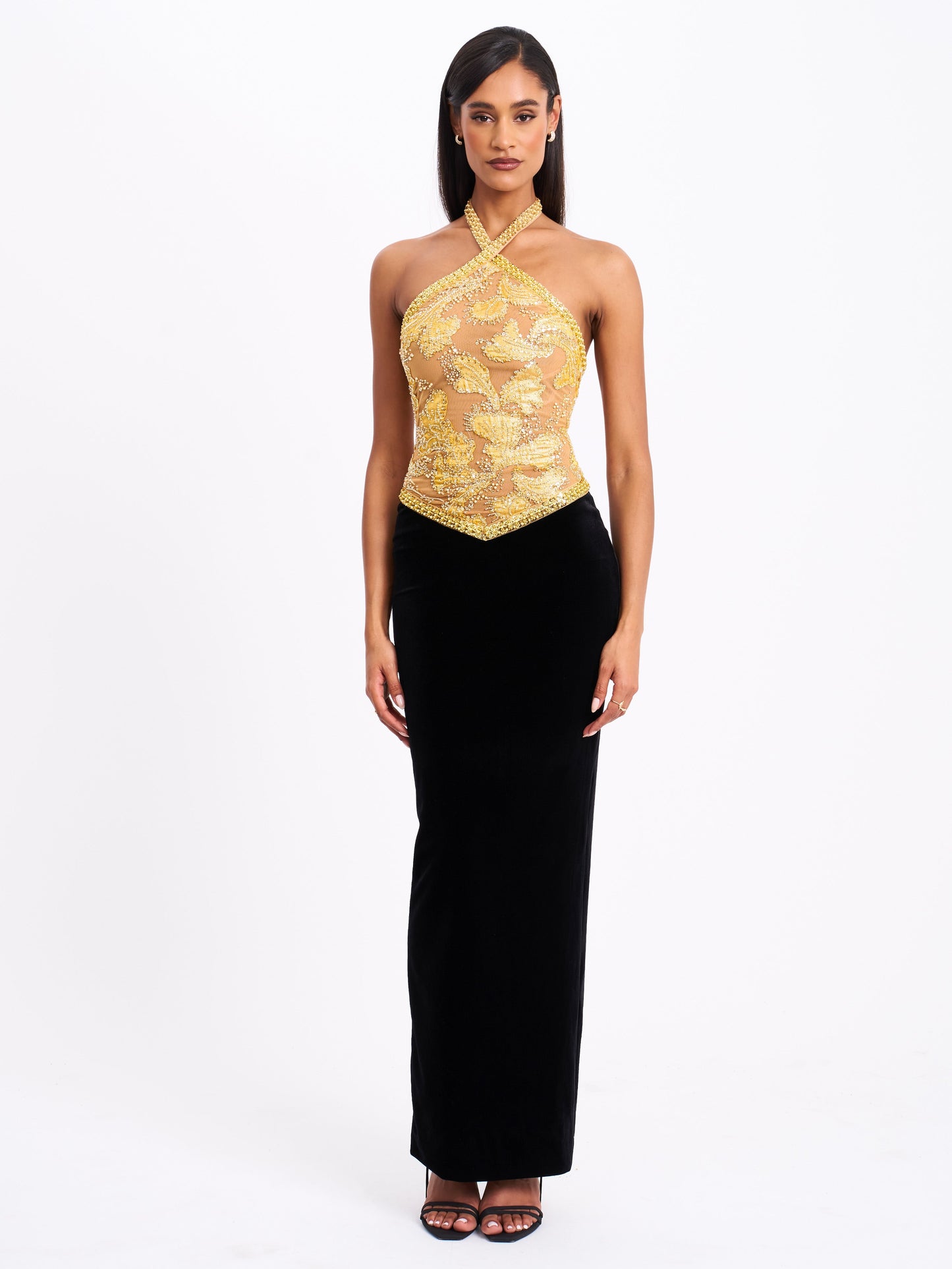 Gazelle Gold Embroidered Vintage Style Maxi Dress