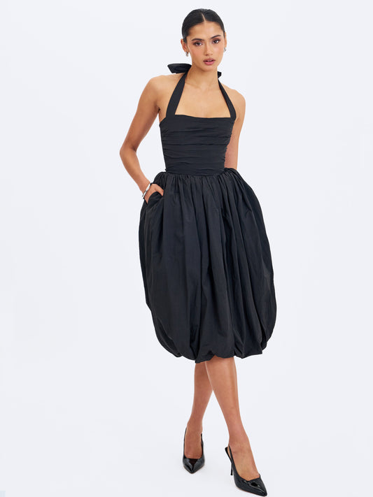 Veradis Black Taffeta Halter Bubble-Hem Midi Dress