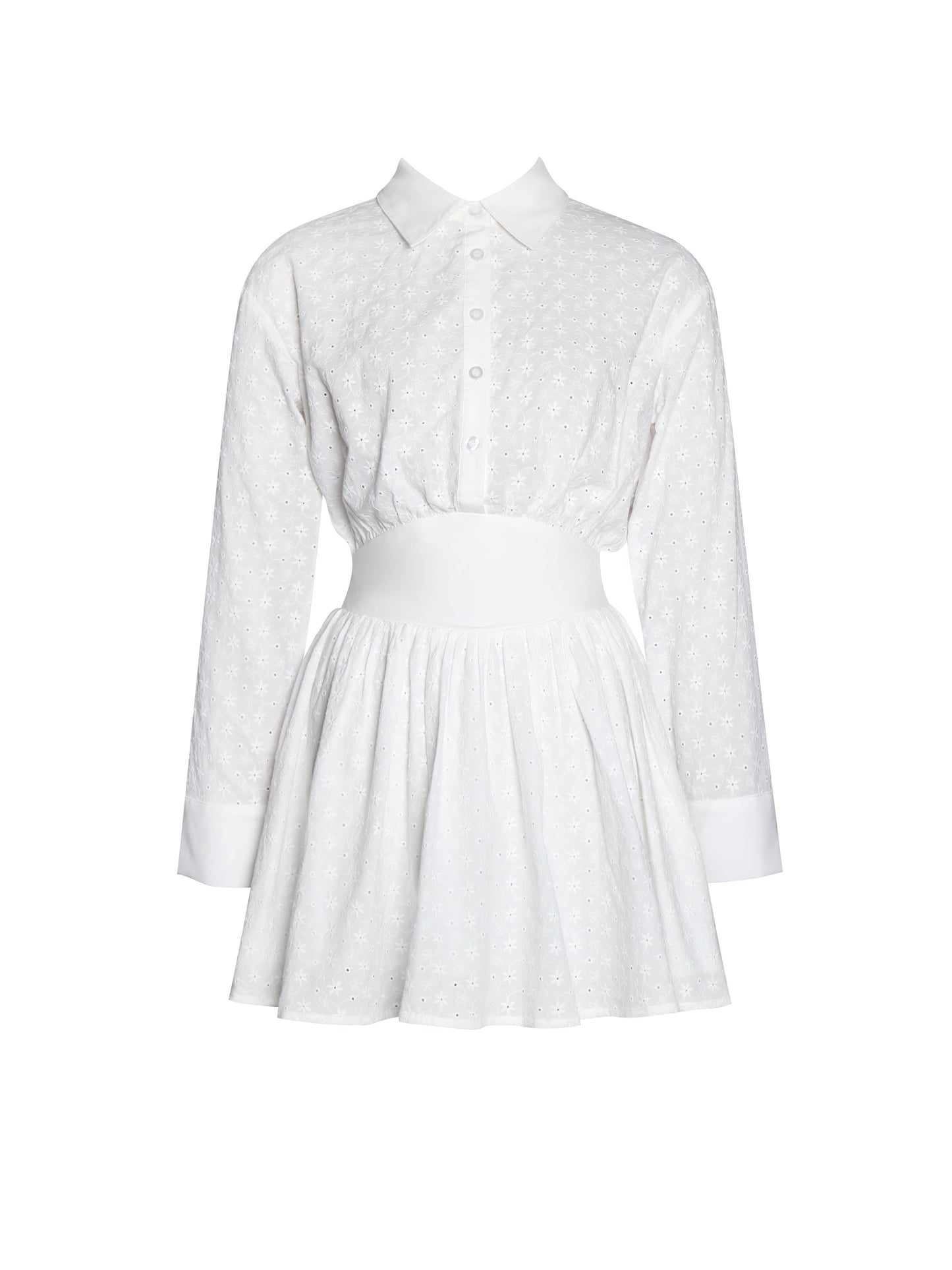 Gabriella White Cotton Eyelet Button Up Long Sleeve Shirt Dress