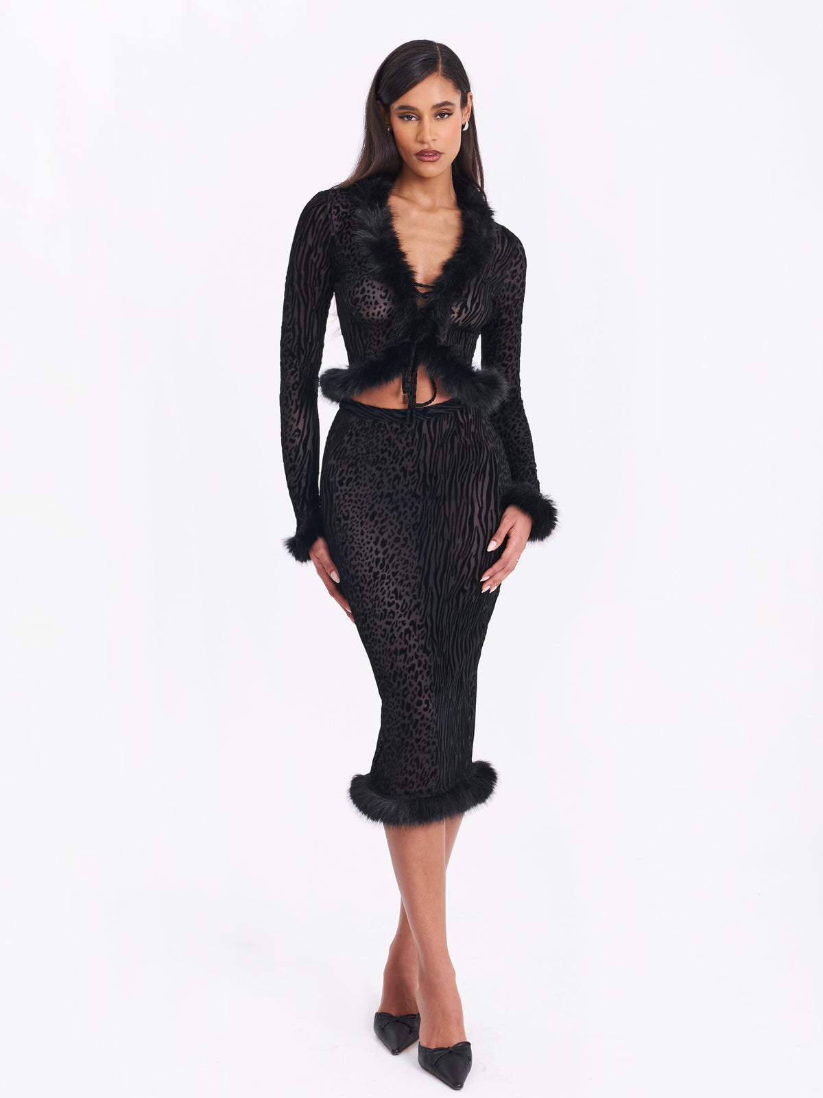 Hali Black Animal Print Burnout Velvet Fur Trim Top