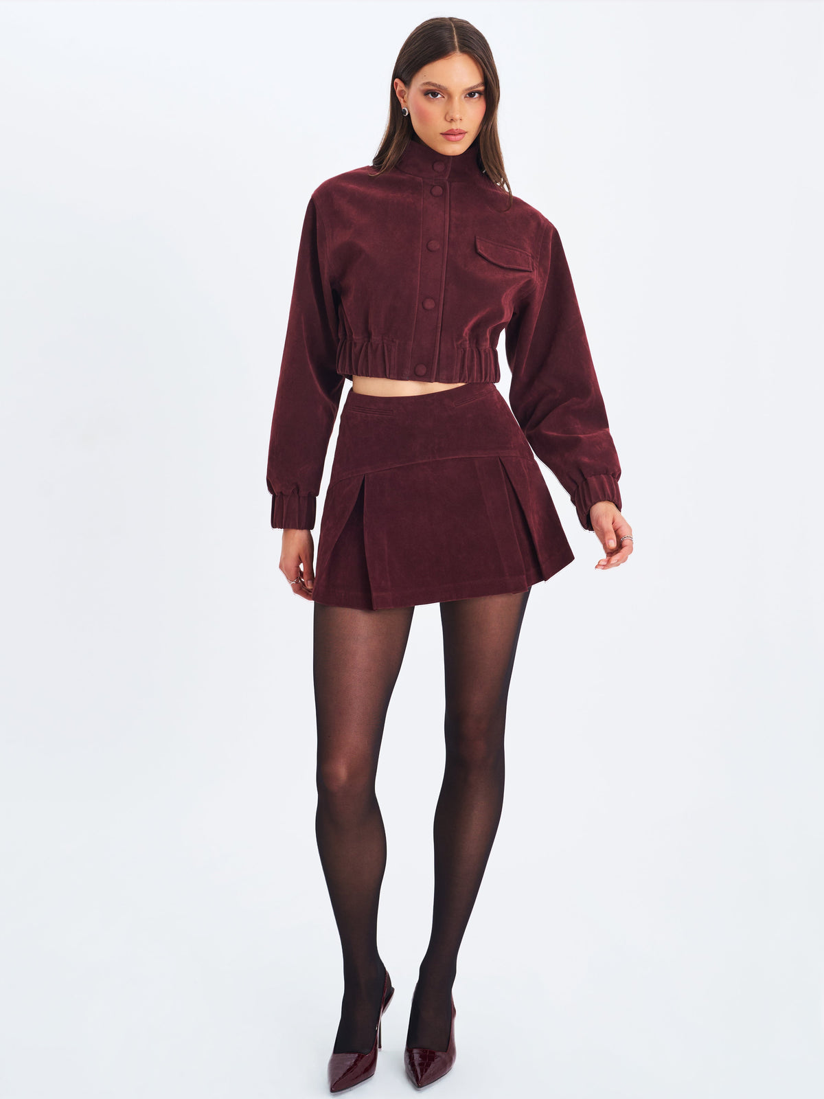 Faryn Mahogany Vegan Suede Pleated A-Line Mini Skirt