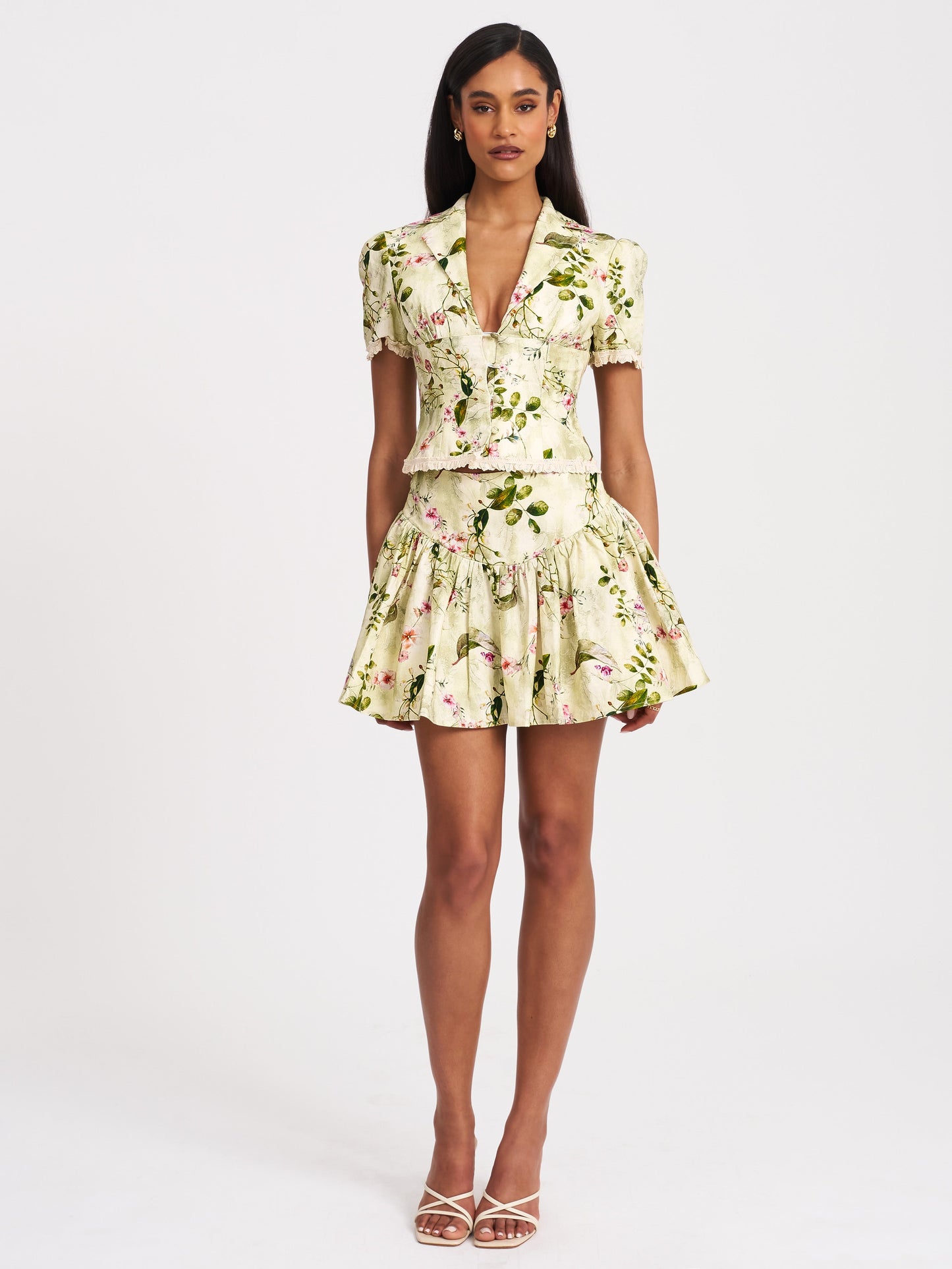 Zanella Green Floral Print Lace Trim Linen Top