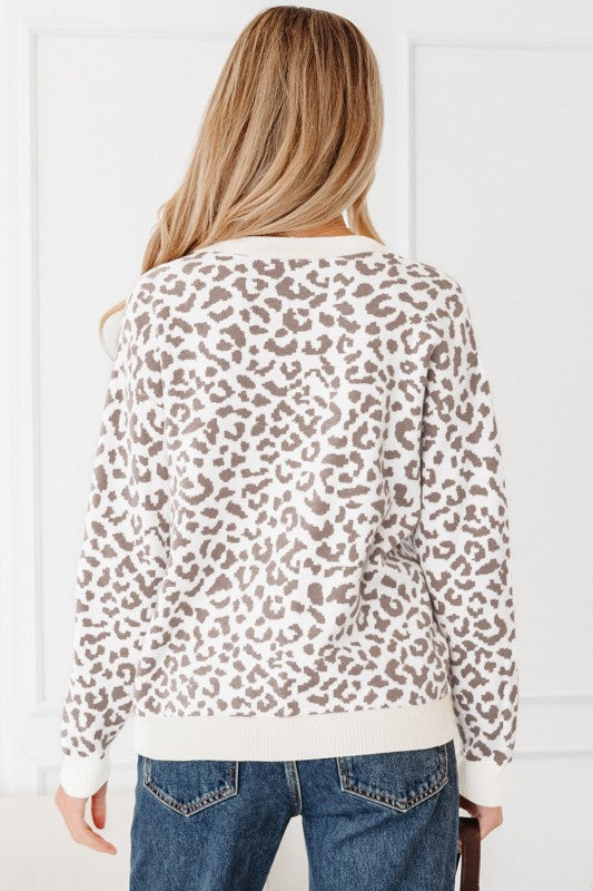 Leopard Drop Shoulder Chunky Cardigan Sweater